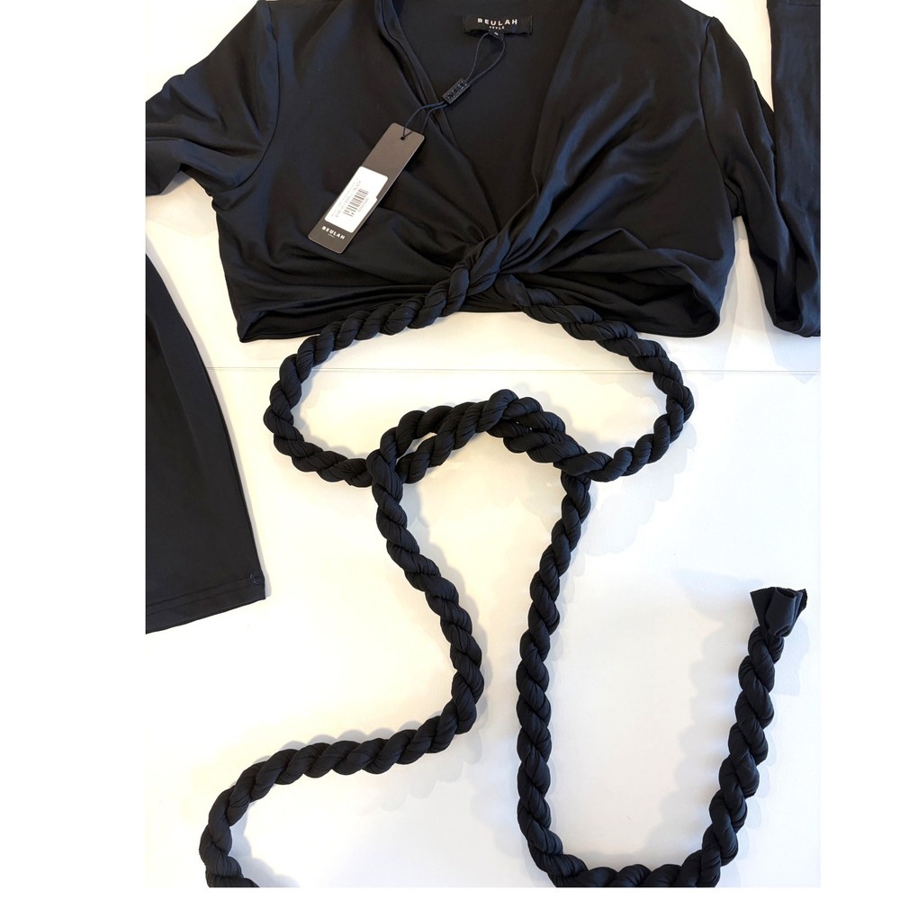 Beulah Style Black Braided Wrap Crop Top Long Sleeve V-Neck Small NWT